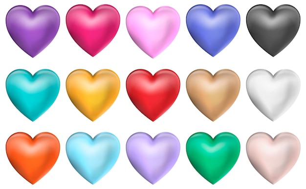 Conjunto de corazones de colores realistas aislados sobre fondo blanco Ilustración vectorial
