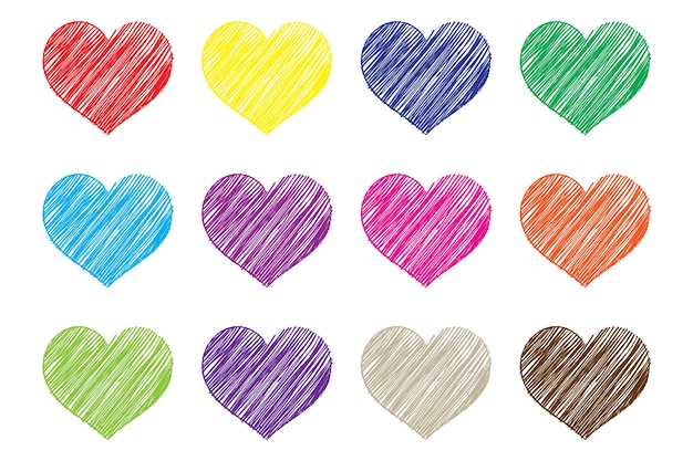 Vector conjunto de corazones coloridos dibujados a mano