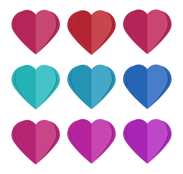 Vector conjunto de corazones de corte de papel de colores decorativos para cumpleaños, día de san valentín, boda.