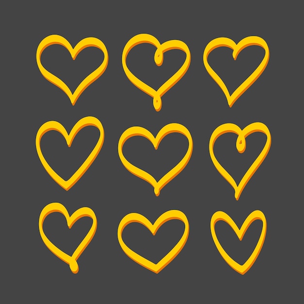 Conjunto de corazones dibujados a mano amarillo aislado sobre fondo negro. elementos decorativos vectoriales, objetos de imágenes prediseñadas.