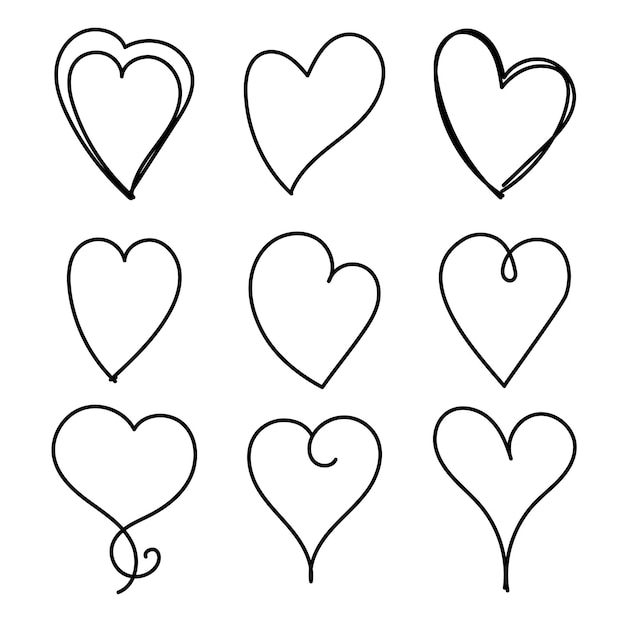 Conjunto de corazones dibujados a mano Corazones de marcador dibujado a mano aislados sobre fondo blanco