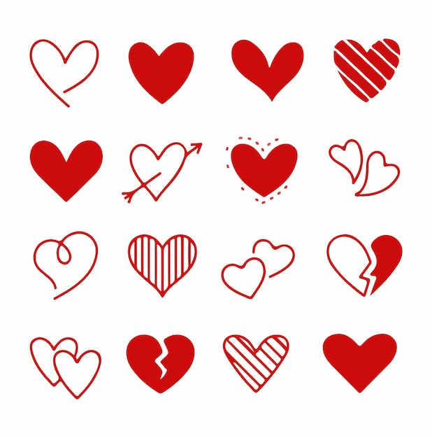 Conjunto de corazones dibujados a mano elementos de diseño para el día de San Valentín Ilustración vectorial