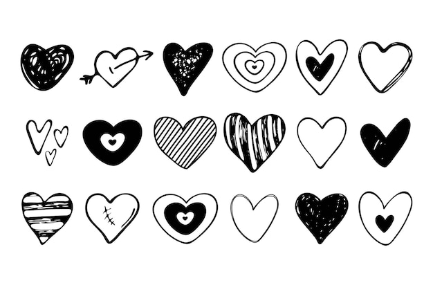 Conjunto de corazones dibujados a mano Marcador áspero dibujado a mano doodle corazones aislados sobre fondo blanco Ilustración gráfica vectorial