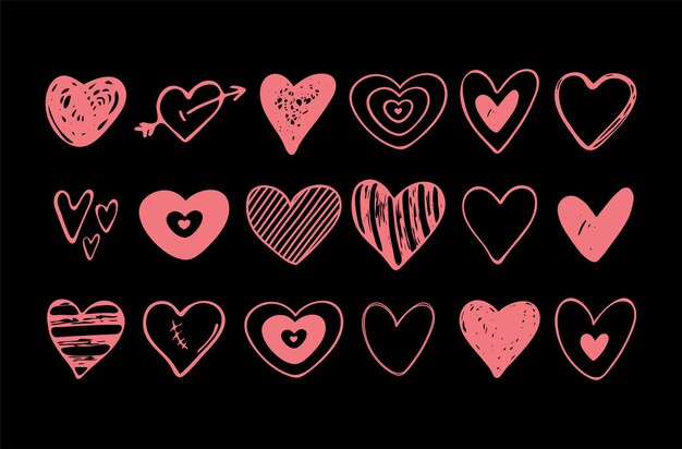 Conjunto de corazones dibujados a mano Marcador áspero dibujado a mano doodle corazones aislados sobre fondo negro Ilustración gráfica vectorial
