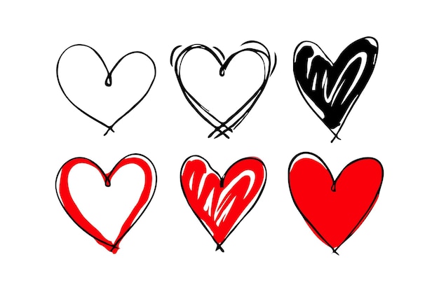 Conjunto de corazones dibujados a mano en negro, rojo y blanco sobre un fondo blanco sencillo Concepto de amor, romance y expresión artística Ilustración del día de San Valentín