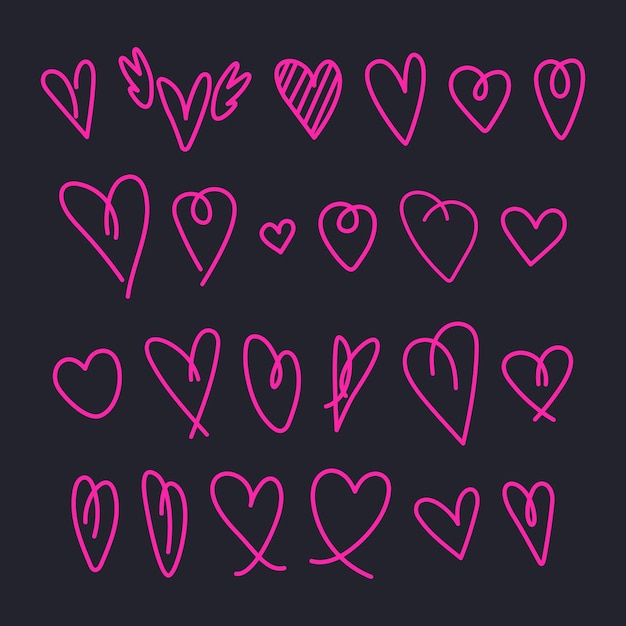 Conjunto de corazones dibujados a mano por niños, dibujos de corazones, ilustraciones vectoriales