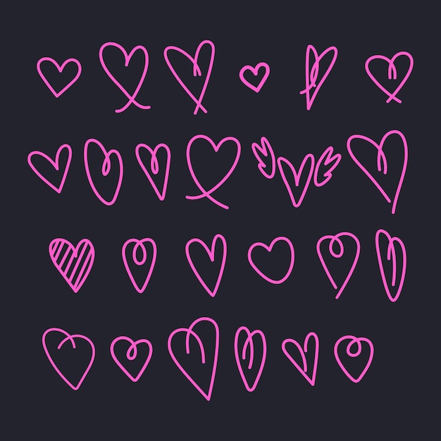 Conjunto de corazones dibujados a mano por niños, dibujos de corazones, ilustraciones vectoriales