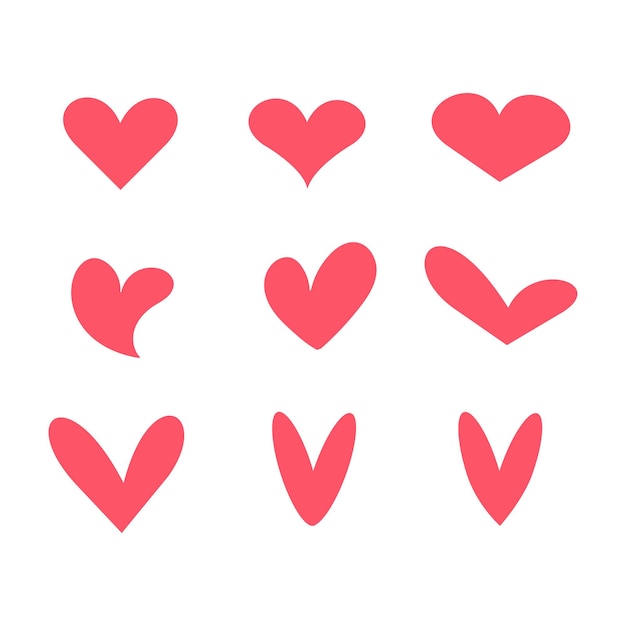 Conjunto de corazones dibujados a mano relleno de color rosa Corazones de marcador áspero dibujados a mano aislados sobre fondo blanco