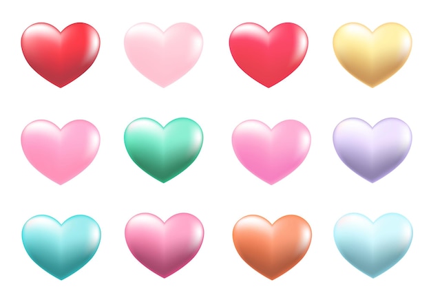 Conjunto de corazones en diseño de dibujos animados en 3D Corazones realistas en diferentes colores pastel