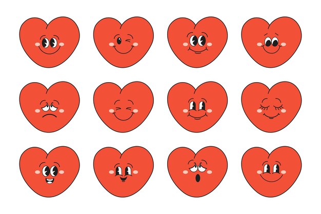 Conjunto de corazones de divertidos personajes de dibujos animados con diferentes emociones mascotas de corazones caricaturales fashionabl