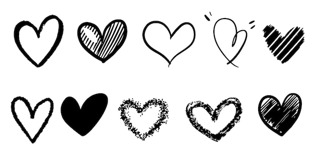 Conjunto de corazones de doodle aislado sobre fondo blanco. dibujado a mano de icono de amor. ilustración vectorial.