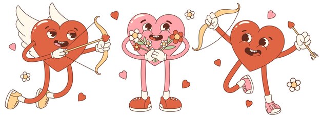 Conjunto con corazones encantadores de dibujos animados retro groovy. Día de San Valentín. Cupido de corazón con arco y flecha.