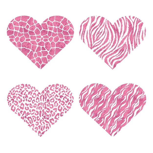 Conjunto de corazones con estampados de animales Ilustración de vector metálico rosa