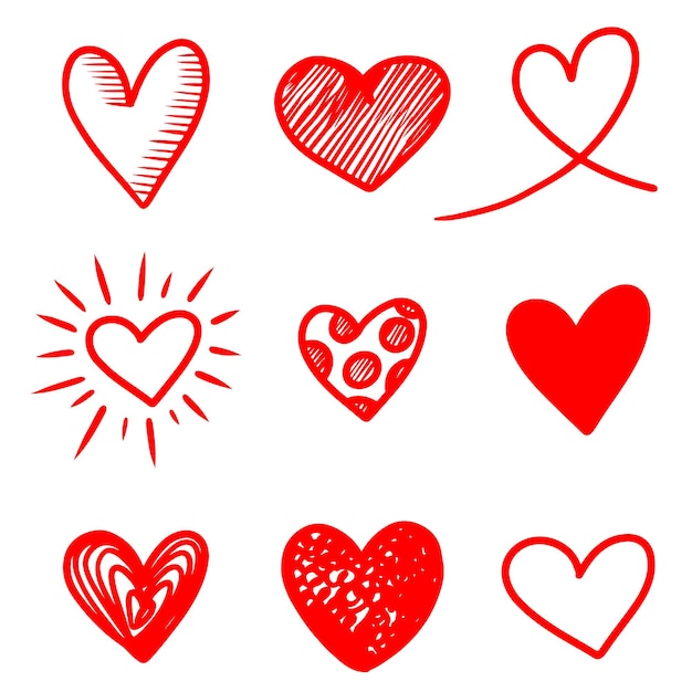 Conjunto de corazones de fideos aislados sobre fondo blanco. dibujado a mano de icono de amor. ilustración vectorial