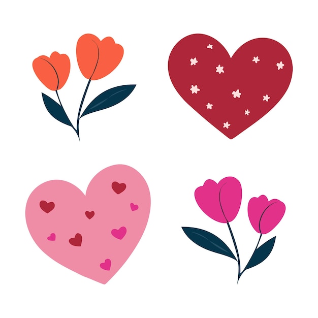 Conjunto de corazones y flores Ilustración vectorial en un estilo plano.