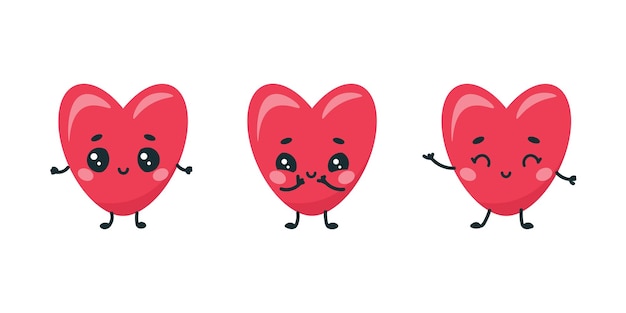 Conjunto de corazones lindos con ojos kawaii en fondo blanco