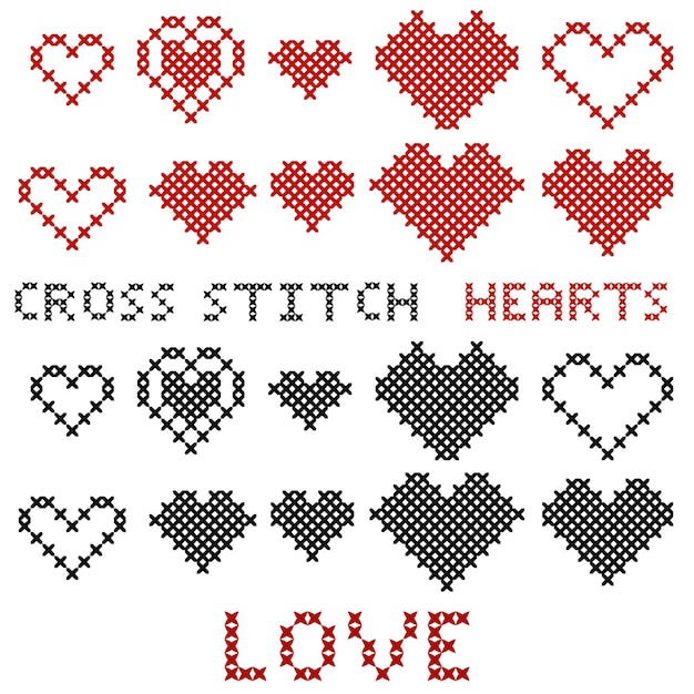 Conjunto de corazones. Punto de cruz. Silueta roja y negra. Artículos para tarjetas de amor. Día de San Valentín. Ilustración vectorial.