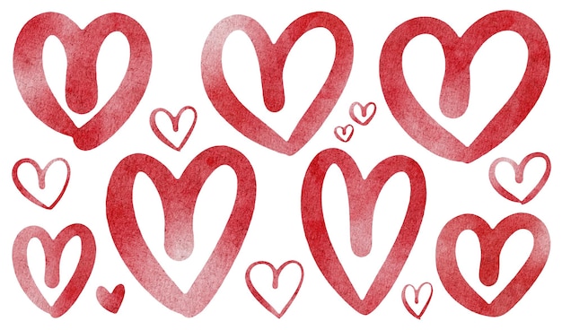 Conjunto de corazones rojos de acuarela para decorar hermosas tarjetas