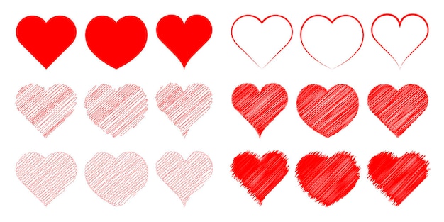 Conjunto de corazones rojos con contorno plano e ilustración vectorial garabateada
