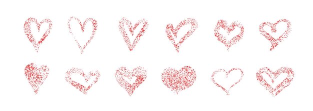 Conjunto de corazones rojos dibujados a mano Corazón dibujado con lápiz de cera con elementos de garabateo de textura granulada