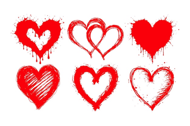 Conjunto de corazones rojos dibujados a mano con salpicaduras de pintura y trazos en fondo blanco que representan el amor Ilustración de la boda del día de San Valentín