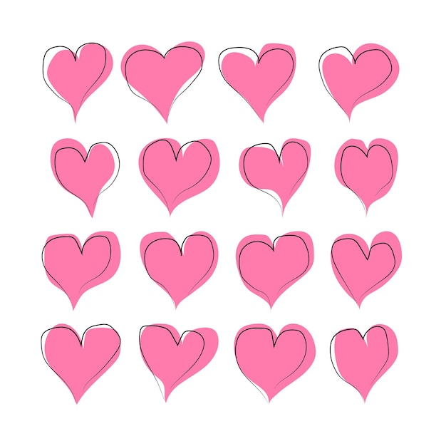 Un conjunto de corazones rosas de diferentes formas Vector ilustración plana