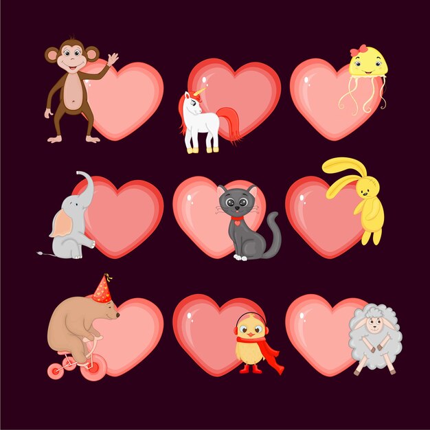 Conjunto de corazones de San Valentín con animales lindos. Estilo de dibujos animados.