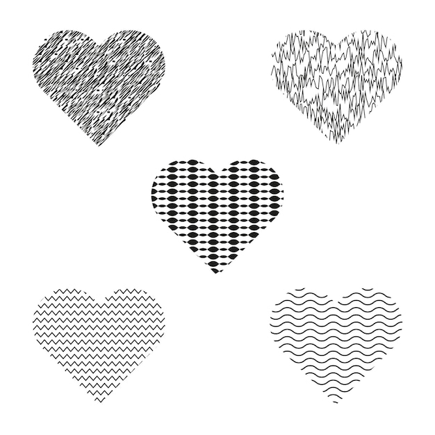 Conjunto de corazones texturizados Patrones de corazones abstractos Vector negro y blanco Colección de símbolos de amor