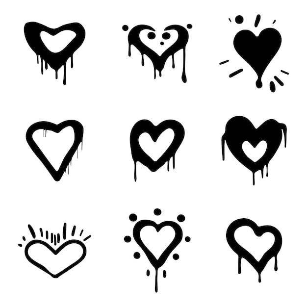 Conjunto de corazones únicos dibujados a mano pintados con spray Graffiti amor sobre fondo blanco