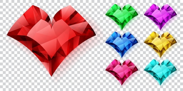 Conjunto de corazones en varios colores hechos de cristales