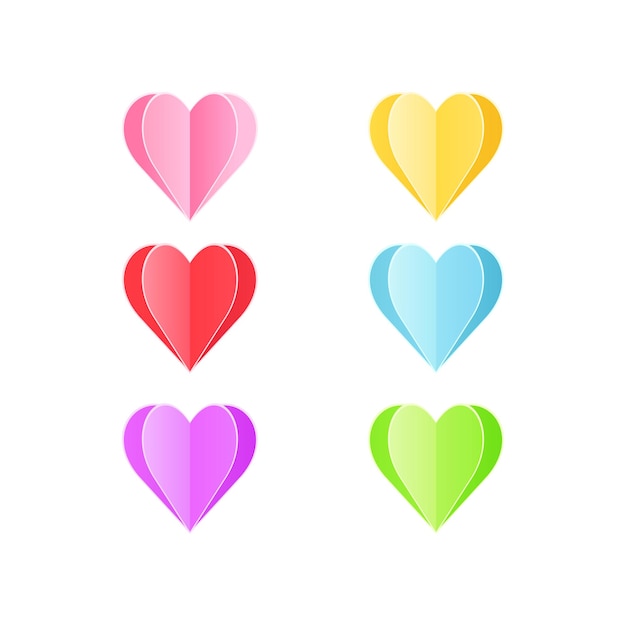 Conjunto de corazones de vector en diferentes colores de estilo de papel