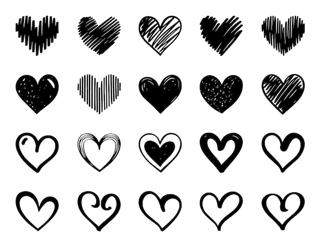 Conjunto de corazones vectoriales dibujados a mano Doodle elementos de diseño aislados sobre fondo blanco