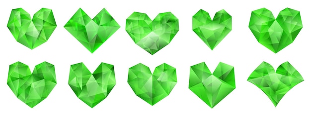 Conjunto de corazones verdes de varias formas hechos de cristales.