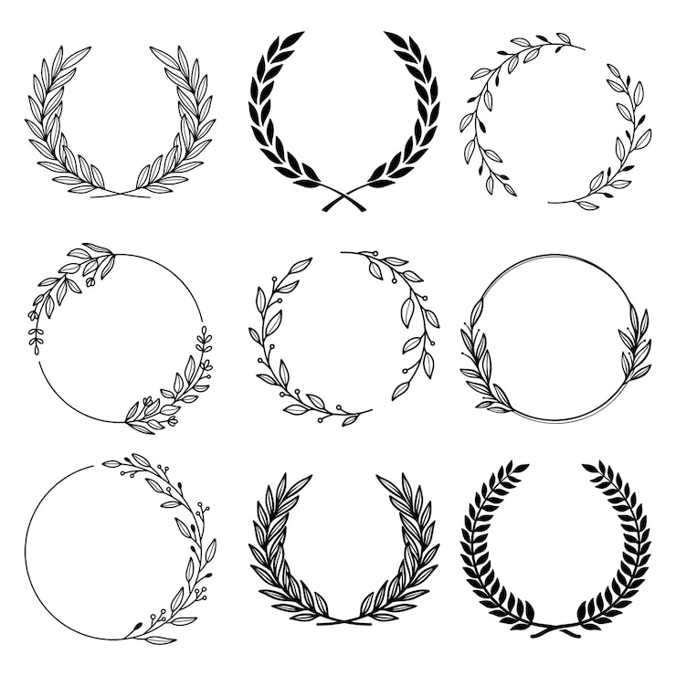 Vector conjunto de corona de laurel y marco floral.