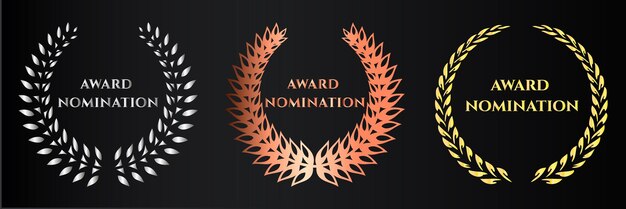 Conjunto de corona de laurel de oro, plata y bronce. Etiqueta de ganador, conjunto de logotipo de nominación de premio