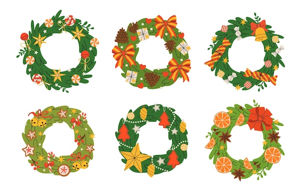 Conjunto de corona de Navidad con decoraciones bayas frutas secas arcos guirnaldas caramelos cañas piñones cono colección floral de invierno ilustración plana vectorial de las vacaciones de invierno aisladas en blanco