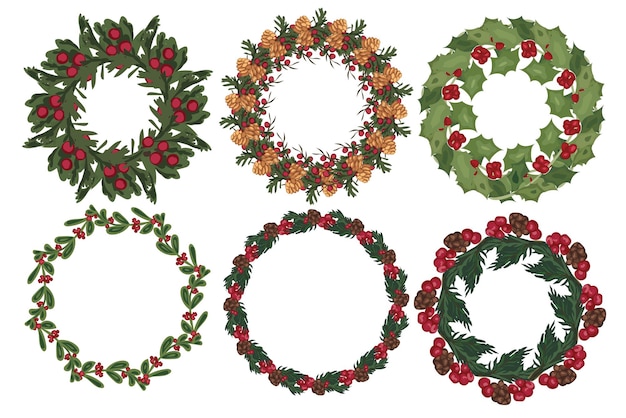Conjunto de corona de Navidad con elementos florales de invierno. Ilustración vectorial.