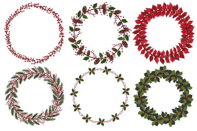 Conjunto de corona de Navidad con elementos florales de invierno. Ilustración vectorial.