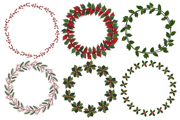 Conjunto de corona de Navidad con elementos florales de invierno. Ilustración vectorial.