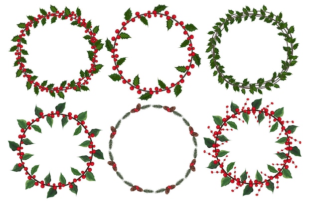 Conjunto de corona de Navidad con elementos florales de invierno. Ilustración vectorial.