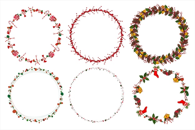 Conjunto de corona de Navidad con elementos florales de invierno. Ilustración vectorial.