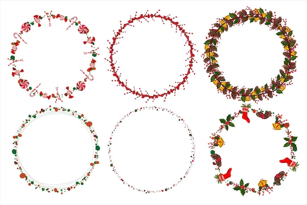 Conjunto de corona de navidad con elementos florales de invierno. ilustración vectorial.