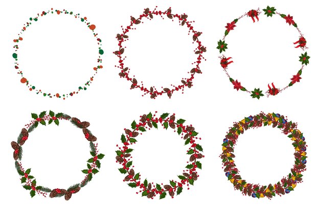 Conjunto de corona de Navidad con elementos florales de invierno. Ilustración vectorial.