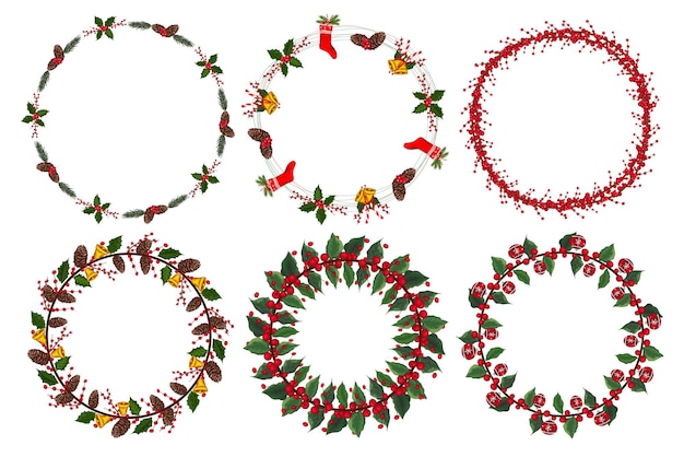 Conjunto de corona de Navidad con elementos florales de invierno. Ilustración vectorial.