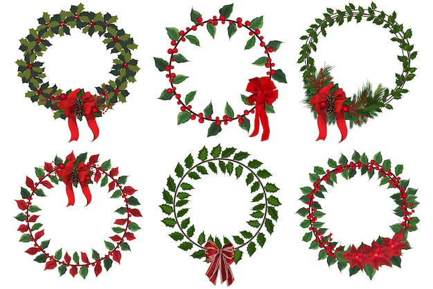 Conjunto de corona de Navidad con elementos florales de invierno. Ilustración vectorial.