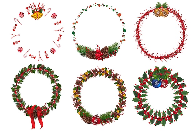 Conjunto de corona de Navidad con elementos florales de invierno. Ilustración vectorial.
