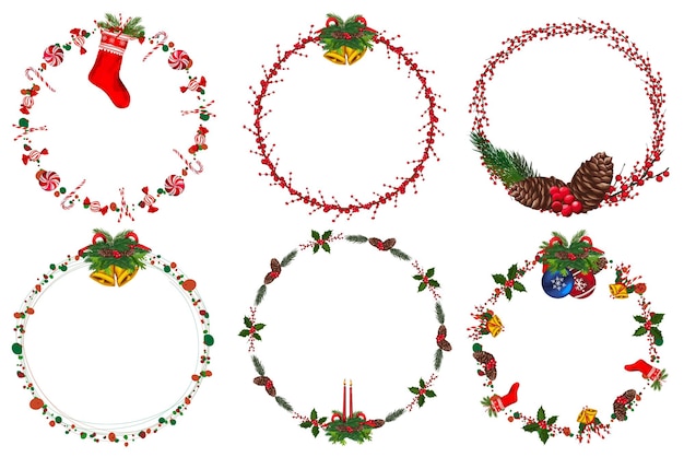 Conjunto de corona de Navidad con elementos florales de invierno. Ilustración vectorial.
