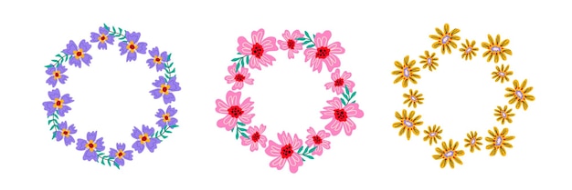 Conjunto de coronas con flores abstractas coloridas y audaces Marcos y bordes vectoriales planos