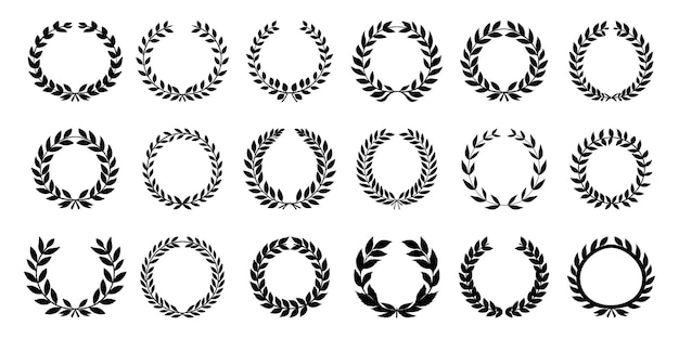 Conjunto de coronas de laurel de vector negro sobre fondo rojo premio ganador floral decorativo