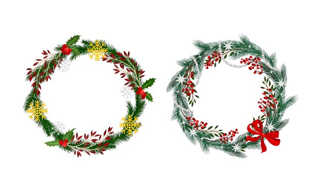 Conjunto de coronas de Navidad decoradas con bayas de arco rojo y copos de nieve Ilustración vectorial